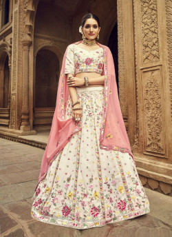 White Georgette Sequins, Embroidery & Thread-Work Party-Wear Stylish Lehenga Choli.