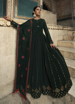 Dark Green Georgette Thread, Embroidery & Sequins-Work Party-Wear Gown With Dupatta