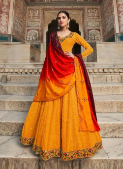 Orange Georgette With Thread, Embroidery & Sequins-Work Party-Wear Readymade Gown With Dupatta