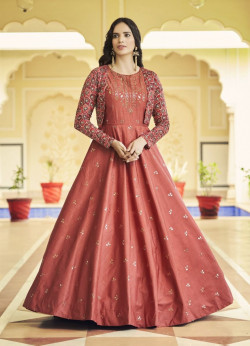 Salmon Cotton Printed & Embroidered Party-Wear Gown With Jacket