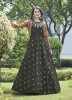 Dark Gray Cotton Embroidery & Sequins-Work Party-Wear Gown With Jacket