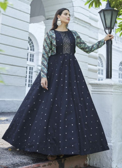 Dark Blue Cotton Embroidery & Sequins-Work Party-Wear Gown With Jacket