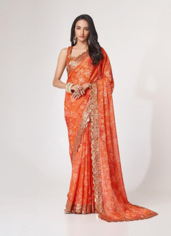 Orange Red Organza Digitally Printed Party-Wear Saree With Sequins-Work