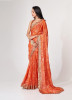 Orange Red Organza Digitally Printed Party-Wear Saree With Sequins-Work