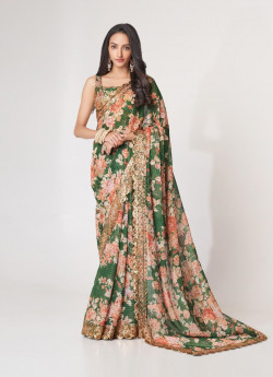 Green Organza Digitally Printed Party-Wear Saree With Sequins-Work