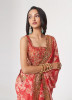 Coral Red Organza Digitally Printed Party-Wear Saree With Sequins-Work