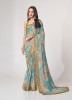 Light Teal Blue Organza Digitally Printed Party-Wear Saree With Sequins-Work