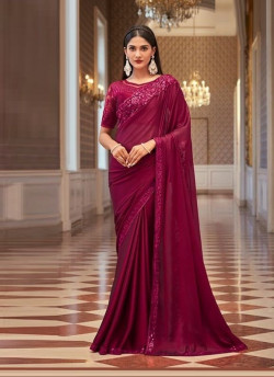 Purple Red Georgette Embroidered Party-Wear Saree