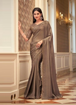 Light Brown Georgette Embroidered Party-Wear Saree