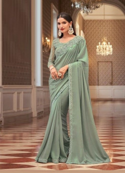 Mint Green Georgette Embroidered Party-Wear Saree