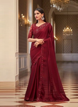 Burgundy Georgette Embroidered Party-Wear Saree