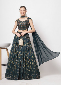 Dark Teal Blue Georgette Print With Embroidered & Sequins-Work Party-Wear Stylish Lehenga Choli