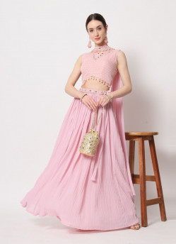 Pink Crushed Georgette Embroidered Party-Wear Stylish Lehenga Choli