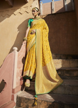 Mustard Yellow Dola Silk Embroidered Party-Wear Saree