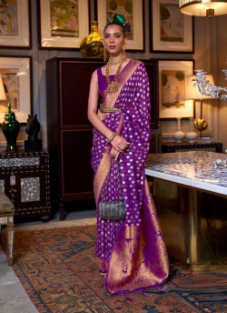 Violet Silk Khadi Copper Zari Weaving Party-Wear Saree