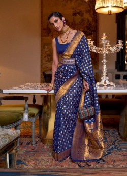 Blue Silk Khadi Copper Zari Weaving Party-Wear Saree