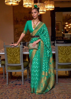 Jade Green Silk Khadi Copper Zari Weaving Party-Wear Saree