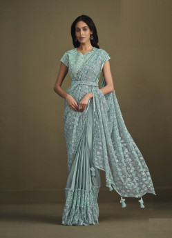 Light Blue Crape Silk Embroidered Wedding-Wear Boutique Saree