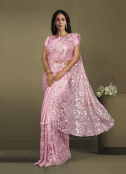 Light Pink Crape Embroidered Wedding-Wear Boutique Saree