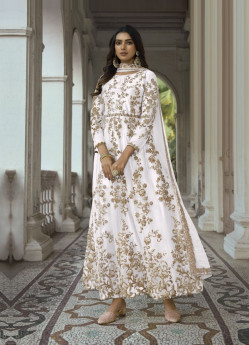 White Net Embroidered Party-Wear Floor-Length Salwar Kameez