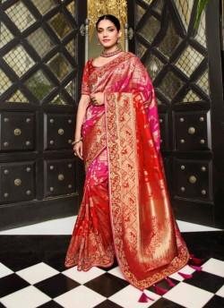Red Handwork Wedding-Wear Banarasi Silk Saree
