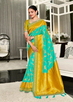 Aqua Handwork Wedding-Wear Banarasi Silk Saree