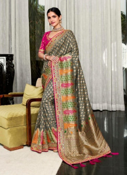 Gray Handwork Wedding-Wear Banarasi Silk Saree
