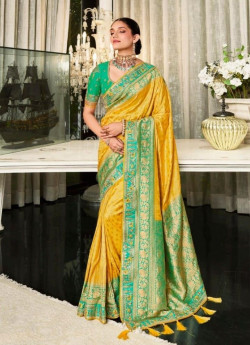 Yellow Handwork Wedding-Wear Banarasi Silk Saree