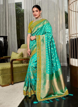 Aqua Handwork Wedding-Wear Banarasi Silk Saree