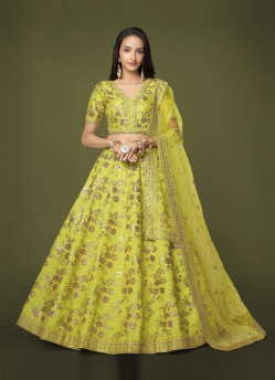 Lemon Green Silk Zari, Dori, Embroidery & Sequins-Work Party-Wear Stylish Lehenga Choli
