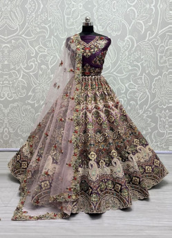 Violet Velvet With Embroidery, Sequins & Handwork Wedding-Wear Bridal Lehenga Choli