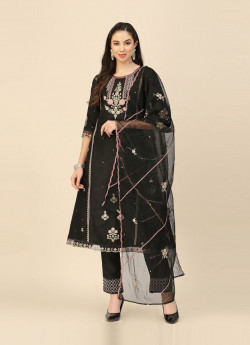 Black Chinon Embroidered Party-Wear Organza-Dupatta Readymade Salwar Kameez