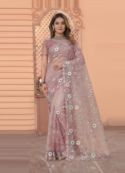 Light Mauve Pink Net Thread-Work Festive-Wear Boutique-Style Saree