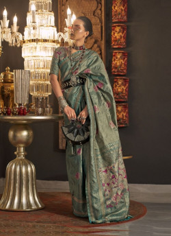 Light Teal Blue Silk Handloom Weaving Festive-Wear Saree