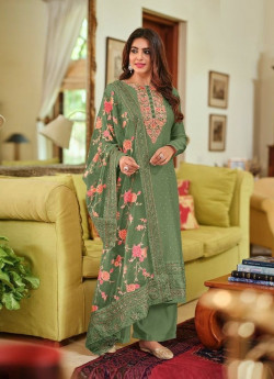 Parrot Green Viscose Silk With Thread-Work Straight-Cut Salwar Kameez