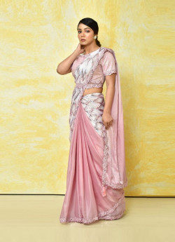 Pink Crape Satin Silk Handwork Wedding-Wear Ready-To-Wear Saree