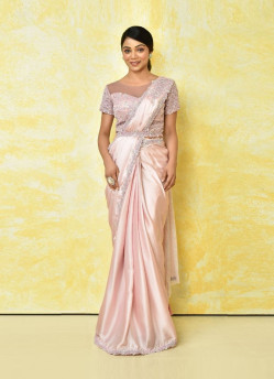 Light Pink Crape Georgette Silk Handwork Wedding-Wear Ready-To-Wear Saree
