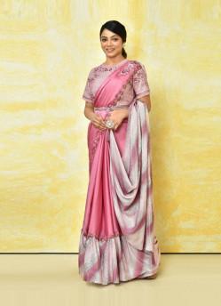 Hot Pink Satin Silk Handwork Wedding-Wear Ready-To-Wear Saree