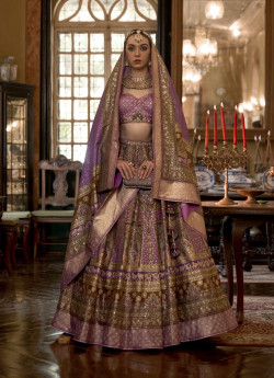 Lavender Rajwadi Silk Stone-Work Wedding-Wear Readymade Bridal Lehenga Choli With Belt