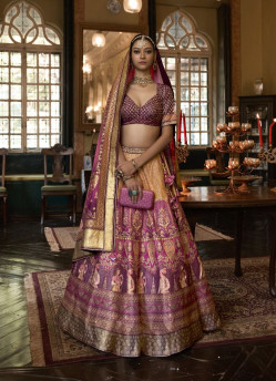 Purple & Orange Rajwadi Silk Stone-Work Wedding-Wear Readymade Bridal Lehenga Choli With Belt