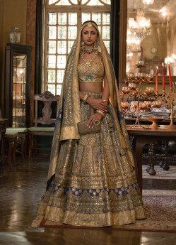Light Brown Rajwadi Silk Stone-Work Wedding-Wear Readymade Bridal Lehenga Choli With Belt