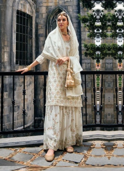 White Chinon Embroidered Party-Wear Gharara-Bottom Readymade Salwar Kameez