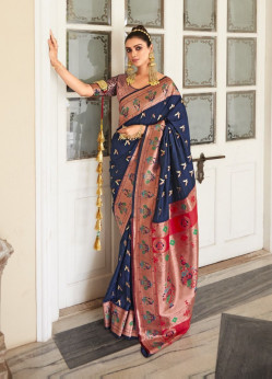 Dark Blue Paithani Silk Weaving Party-Wear Saree