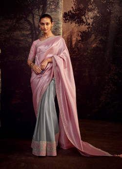 Pink & Gray Organza Embroidered Party-Wear Saree
