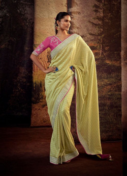 Light Yellow Organza Embroidered Party-Wear Saree