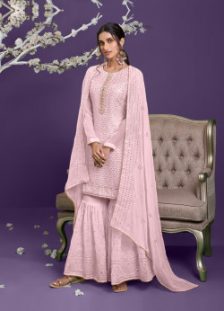 Light Pink Pure Georgette Mirror-Work Party-Wear Sharara-Bottom Salwar Kameez