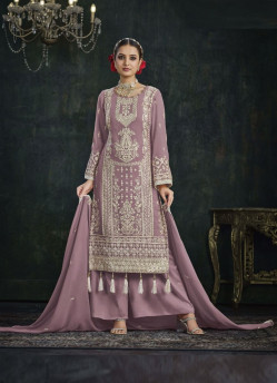 Mauve Georgette Embroidered Party-Wear Straight-Cut Salwar Kameez