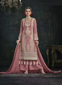 Dull Pink Georgette Embroidered Party-Wear Straight-Cut Salwar Kameez