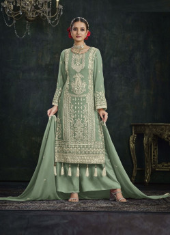 Light Sage Green Georgette Embroidered Party-Wear Straight-Cut Salwar Kameez
