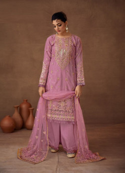Pink Organza Embroidered Festive-Wear Palazzo-Bottom Salwar Kameez